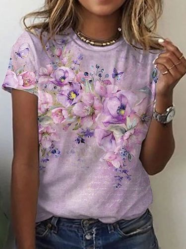 Floral Crew Neck Loose Casual T-Shirt - Modetalente - Modalova