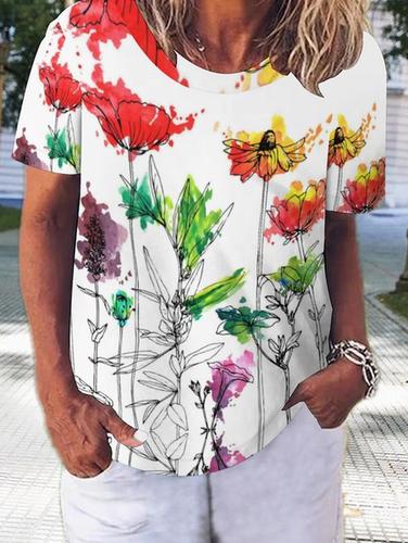 Crew Neck Loose Casual Floral T-Shirt - Just Fashion Now - Modalova
