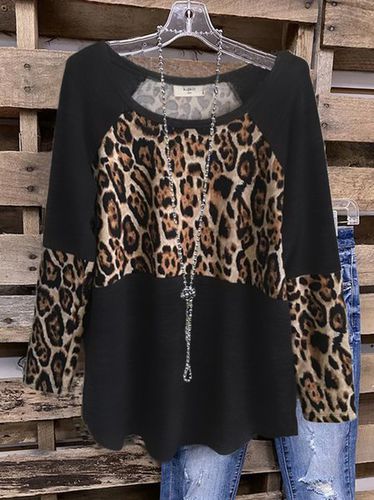 Black Cotton-Blend Casual Crew Neck Leopard Top - Just Fashion Now - Modalova