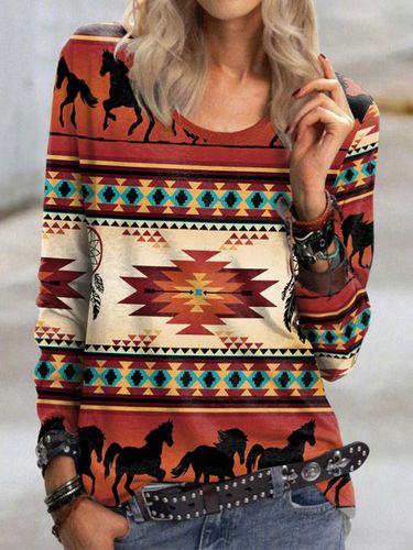 Ethnic Crew Neck Loose T-Shirt - Just Fashion Now - Modalova