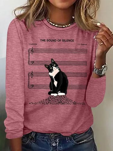 Women's The Sound Of Silence Funny Cute Cat Musical Staff Graphic Printing Casual Regular Fit Cat Crew Neck Shirt - Just Fashion Now - Modalova