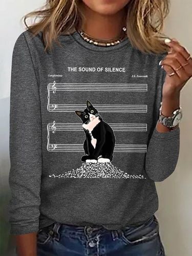 Women's The Sound Of Silence Funny Cute Cat Musical Staff Graphic Printing Casual Regular Fit Cat Crew Neck Shirt - Just Fashion Now - Modalova