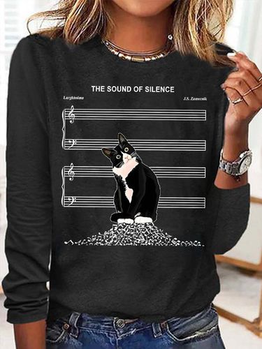 Women's The Sound Of Silence Funny Cute Cat Musical Staff Graphic Printing Casual Regular Fit Cat Crew Neck Shirt - Just Fashion Now - Modalova