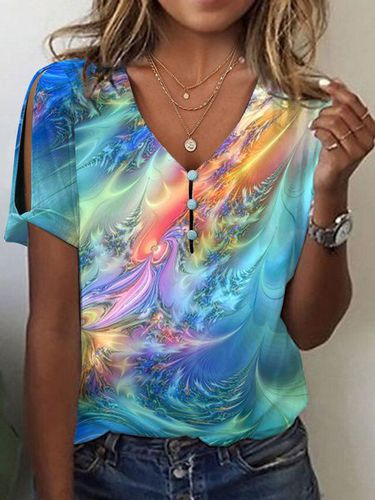 V Neck Loose Abstract Casual T-Shirt - Modetalente - Modalova