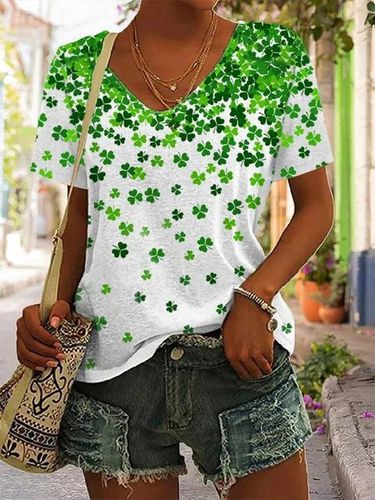St. Patrick's Day Shamrock Print Short Sleeve Casual T-Shirt - Just Fashion Now - Modalova