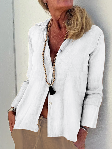 Shirt Collar Plain Linen Buttoned Blouse - Just Fashion Now UK - Modalova