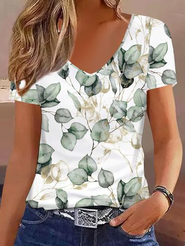 V Neck Casual Plants Printed T-Shirt - Modetalente - Modalova