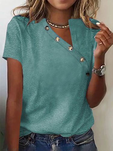 Asymmetrical Collar Buttoned Casual T-Shirt - Just Fashion Now - Modalova