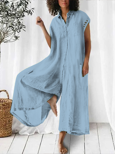 Shirt Collar Short Sleeve Solid Color Cotton Linen Jumpsuit - Just Fashion Now - Modalova