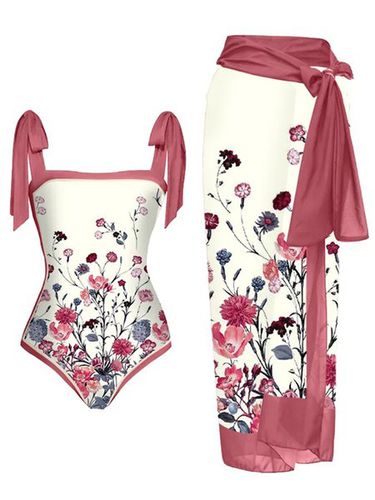 Square Neck Vacation Printing Floral One Piece With Cover Up - Just Fashion Now - Modalova