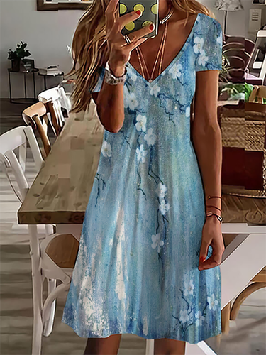 Floral Casual V Neck Short Sleeve Dress - Modetalente - Modalova