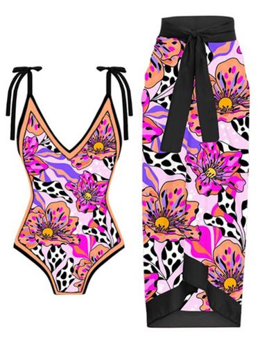 Vacation Floral Printing V Neck One Piece With Cover Up - Just Fashion Now - Modalova