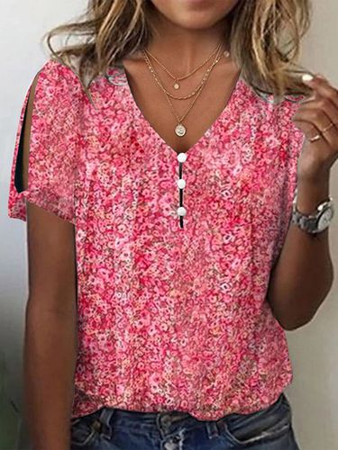 V Neck Floral Buttoned Elegant T-Shirt - Just Fashion Now - Modalova