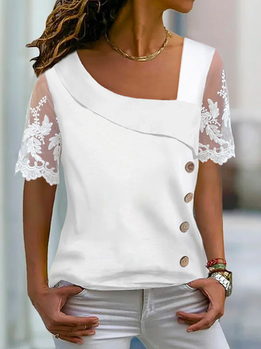 Casual Asymmetrical Neck Buttoned Mesh Shirt - Just Fashion Now - Modalova