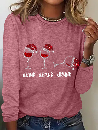 Women's Funny Christmas Drink Drank Drunk Red Wine Glass Casual Crew Neck Regular Fit Shirt - Modetalente - Modalova