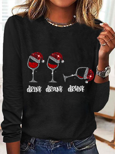 Women's Funny Christmas Drink Drank Drunk Red Wine Glass Casual Crew Neck Regular Fit Shirt - Modetalente - Modalova