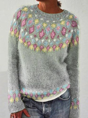 Crew Neck Ethnic Casual Loose Sweater - Just Fashion Now - Modalova