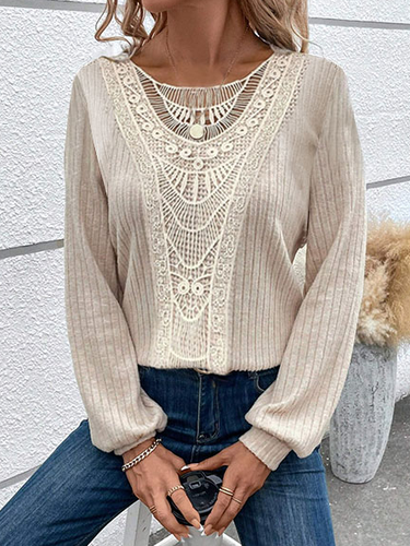 Lace Crochet Design Daily Plain Casual Crew Neck Loose H-Line Long Sleeve T-Shirt - Just Fashion Now - Modalova