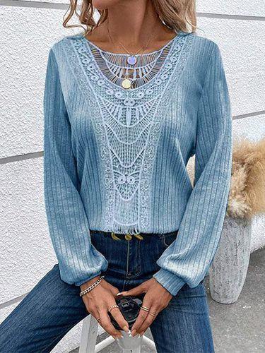Lace Crochet Design Daily Plain Casual Crew Neck Loose H-Line Long Sleeve T-Shirt - Just Fashion Now - Modalova