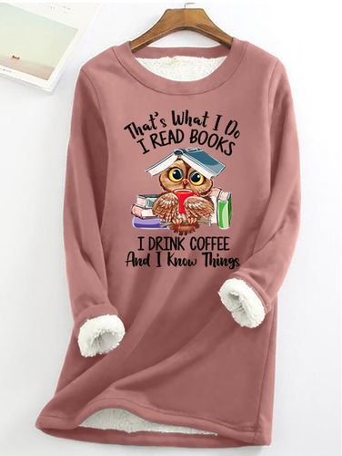 Women's Owl Coffe Book Funny Crew Neck Text Letters Simple Loose Fleece Sweatshirt - Just Fashion Now - Modalova