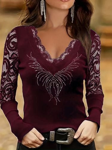 Hot Drilling Lace V Neck Elegant T-Shirt - Just Fashion Now - Modalova