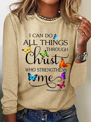 Women's Butterflies Christ Print Cotton-Blend Casual Crew Neck Long Sleeve Shirt - Modetalente - Modalova