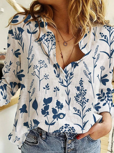 Shirt Collar Floral Loose Linen Style Blouse - Just Fashion Now - Modalova