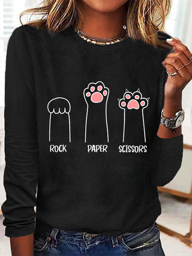 Rock Paper Scissors Hand Game Cute Paw Funny Cat Cotton-Blend Regular Fit Crew Neck Simple Long Sleeve Shirt - Modetalente - Modalova