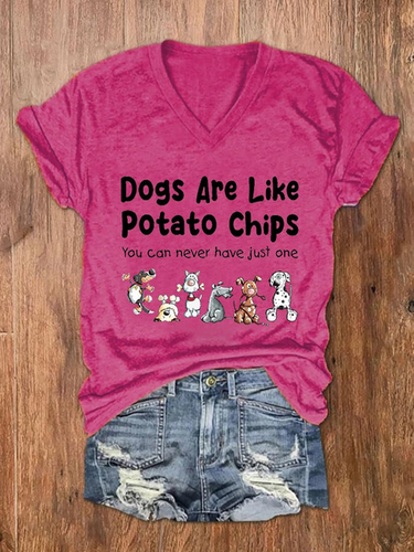 Women's Dogs Are Like Potato Chips You Can Never Have Just One Print V Neck Vintage Dog T-Shirt - Modetalente - Modalova