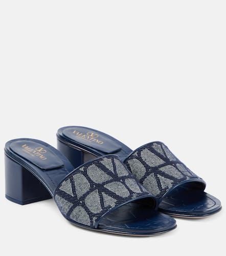 Toile Iconographe leather-trimmed denim slides - Valentino Garavani - Modalova