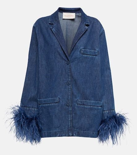 Feather-trimmed denim jacket - Valentino - Modalova