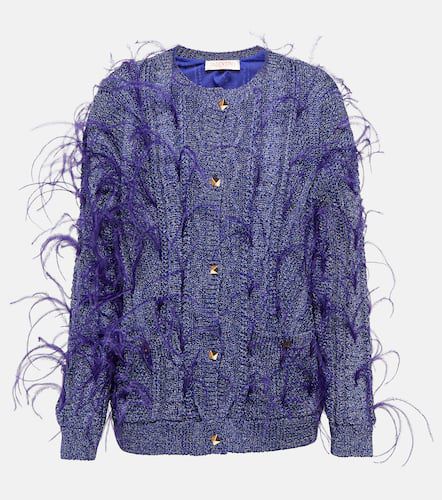 Feather-trimmed cable-knit cardigan - Valentino - Modalova