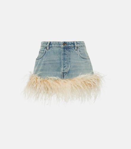 Feather-trimmed denim miniskirt - Miu Miu - Modalova