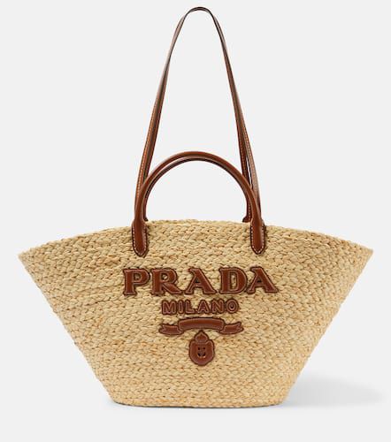 Logo leather-trimmed raffia basket bag - Prada - Modalova
