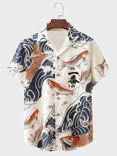 Mens Japanese Wave Carp Print Revere Collar Short Sleeve Shirts - ChArmkpR - Modalova