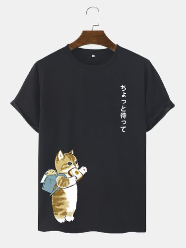 Mens Cute Cartoon Cat Japanese Print Short Sleeve T-Shirts - ChArmkpR - Modalova