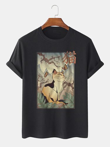 Mens Japanese Cat Landscape Graphic Crew Neck Short Sleeve T-Shirts - ChArmkpR - Modalova