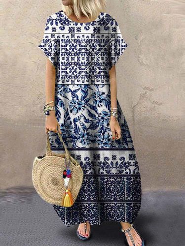 Ethnic Floral Print Crew Neck Short Sleeve Maxi Dress - VONDA - Modalova