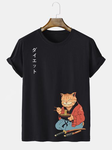 Mens Japanese Style Warrior Cat Print Crew Neck Short Sleeve T-Shirts - ChArmkpR - Modalova