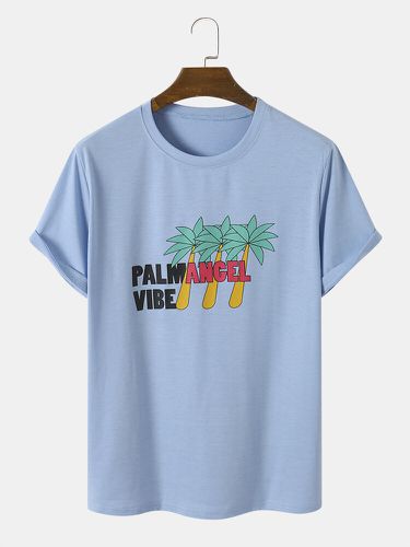 Hombres Palm Tree & Letter Print Casual All Matched Skin Friendly Crew Cuello Camisetas - Limespar - Modalova