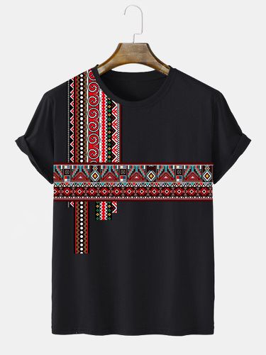 Mens Ethnic Geometric Print Patchwork Crew Neck Short Sleeve T-Shirts Winter - ChArmkpR - Modalova