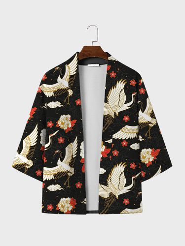Kimono de manga 3/4 suelto con frente abierto y estampado de grullas florales japoneses para hombre - ChArmkpR - Modalova