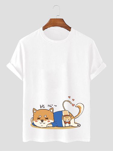 Camisetas de manga corta con estampado de dibujos animados para hombre Corazón Gato Crew Cuello - Newchic - Modalova