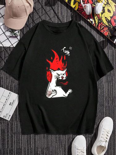 Camisetas informales de manga corta para hombre Gato Flame Print Crew Cuello Invierno - ChArmkpR - Modalova