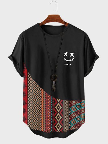 Camisetas de manga corta con dobladillo curvo y retazos con estampado geométrico étnico de sonrisa para hombre - ChArmkpR - Modalova