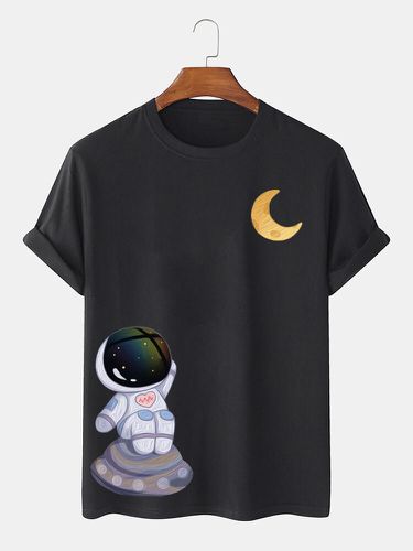 Mens Cartoon Astronaut Moon Print Crew Neck Short Sleeve T-Shirts - ChArmkpR - Modalova