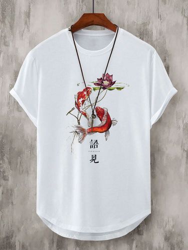 Mens Chinese Koi Lotus Print Crew Neck Short Sleeve T-Shirts - ChArmkpR - Modalova