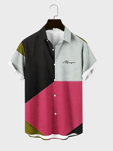 Mens Color Block Patchwork Lapel Collar Short Sleeve Shirts - ChArmkpR - Modalova