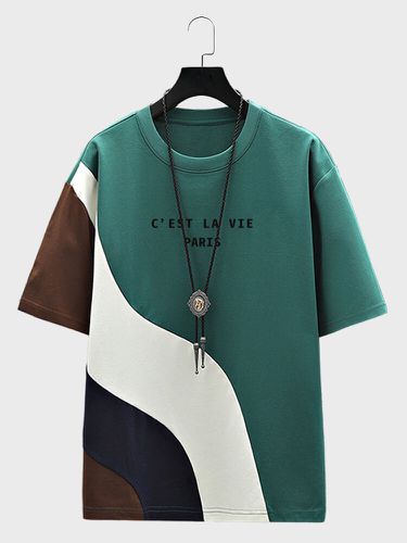 Camisetas con cuello redondo y estampado de letras con patchwork y bloques de color para hombre Cuello - ChArmkpR - Modalova