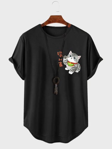 Mens Cartoon Japanese Cat Print Curved Hem Short Sleeve T-Shirts - ChArmkpR - Modalova